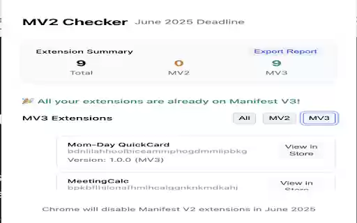 MV2 Checker – Will your extensions survive June 2025? from Chrome web store to be run with OffiDocs Chromium online MV2 Checker – Will your extensions survive June 2025? from Chrome web store to be run with OffiDocs Chromium online