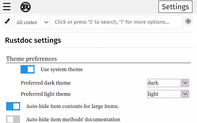 Rustdoc Settings Sync from Chrome web store to be run with OffiDocs Chromium online Rustdoc Settings Sync from Chrome web store to be run with OffiDocs Chromium online