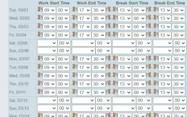 Set Working Hours from Chrome web store to be run with OffiDocs Chromium online Set Working Hours from Chrome web store to be run with OffiDocs Chromium online