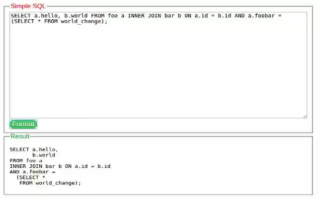 SQL Format from Chrome web store to be run with OffiDocs Chromium online SQL Format from Chrome web store to be run with OffiDocs Chromium online
