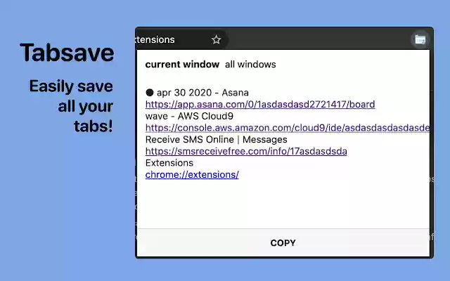 Tabsave from Chrome web store to be run with OffiDocs Chromium online Tabsave from Chrome web store to be run with OffiDocs Chromium online