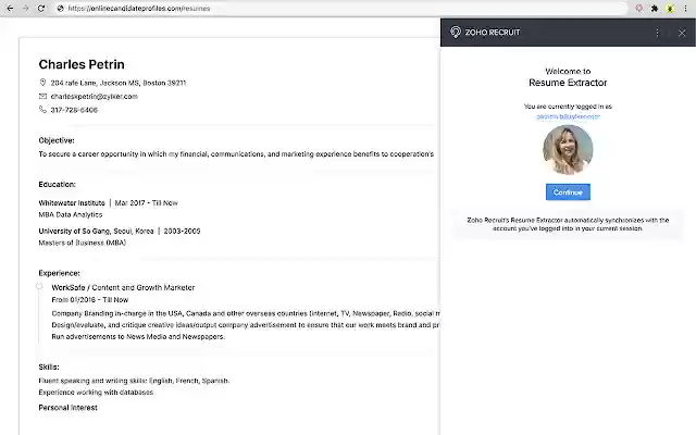 Zoho Recruits Resume Extractor from Chrome web store to be run with OffiDocs Chromium online Zoho Recruits Resume Extractor from Chrome web store to be run with OffiDocs Chromium online